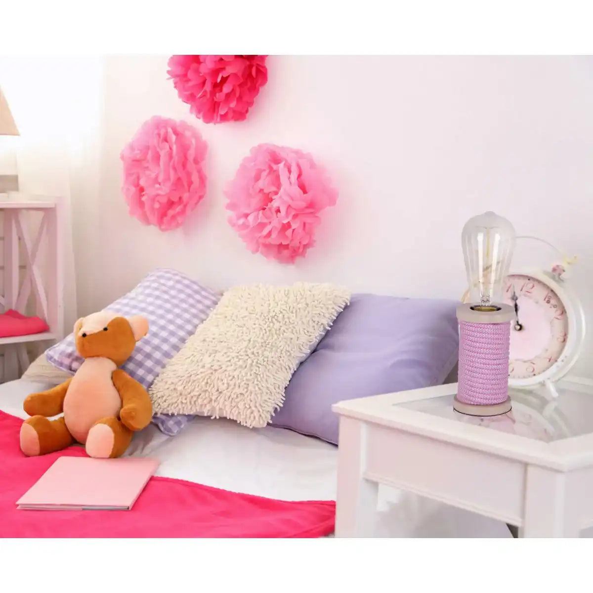 Tischleuchte max. 12cm hoch, Deko-Tischleuchte aus Metall und Kunststoff und Textilmaterial in pink-weiß, E27-Fassung, Tischlampe für Esszimmer, Küche, Kinderzimmer, Diele