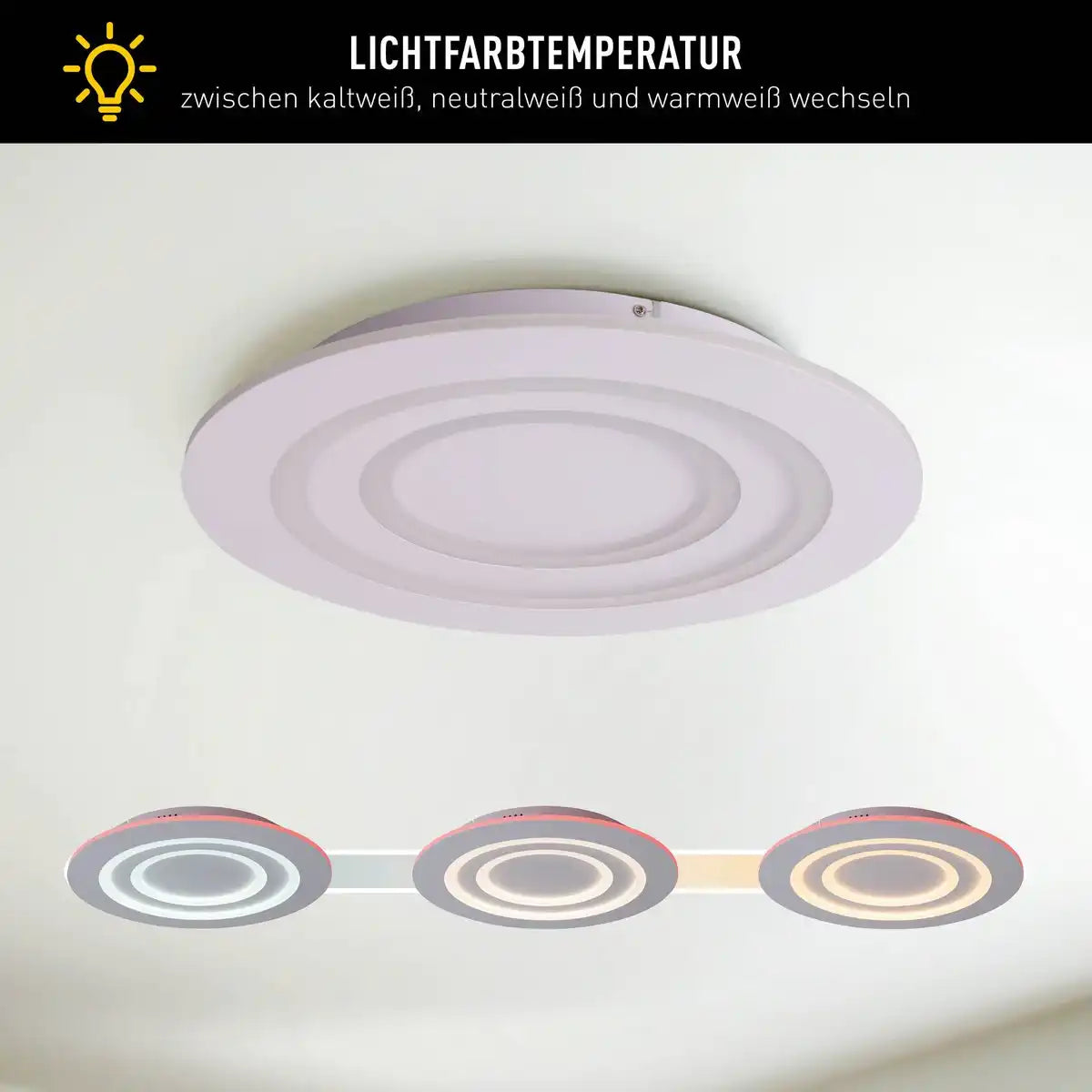 LED Deckenleuchte "MIREL" Ø 50 cm, 6 cm hoch, Metall und Kunststoff in Weiß, integrierte LEDs, 2400 lm, dimmbar, CCT-Funktion 3000-6500 K, RGB-Farbwechsel