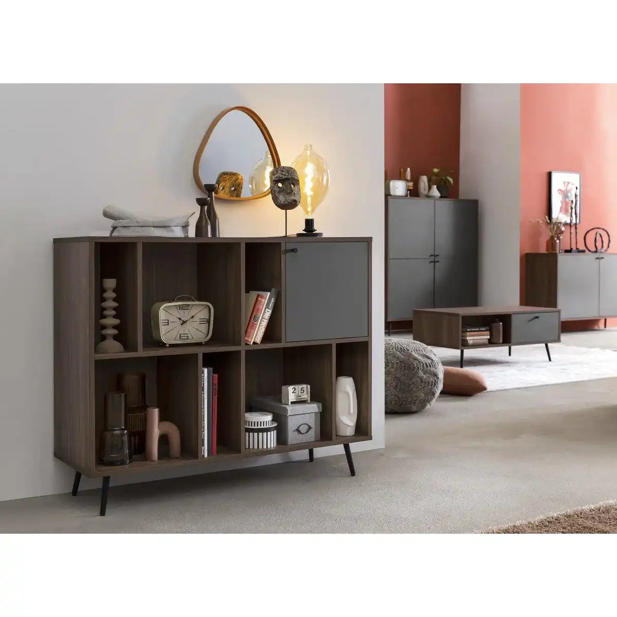 Bücherregal breit Walnuss/Grau - HomeDesign Knaus