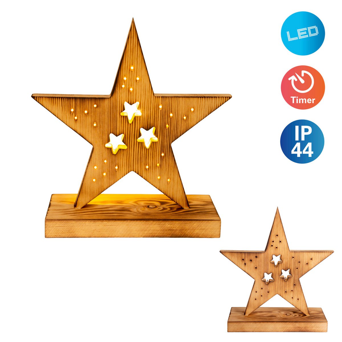 LED-Holzstern 29 cm hoch Weihnachtsdeko aus Holz in natur, mit fest verbauten LEDs