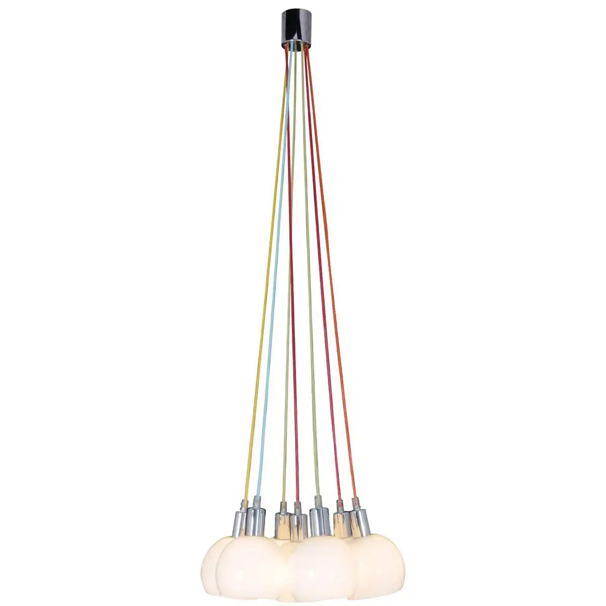 Pendelleuchte "RAINBOW-BOWL" insgesamt 120 cm hoch, 7 Glasschirme Ø 16 cm, aus chromfarbenem Metall, opalweißem Glas und bunten Zuleitungen, E14-Fassungen