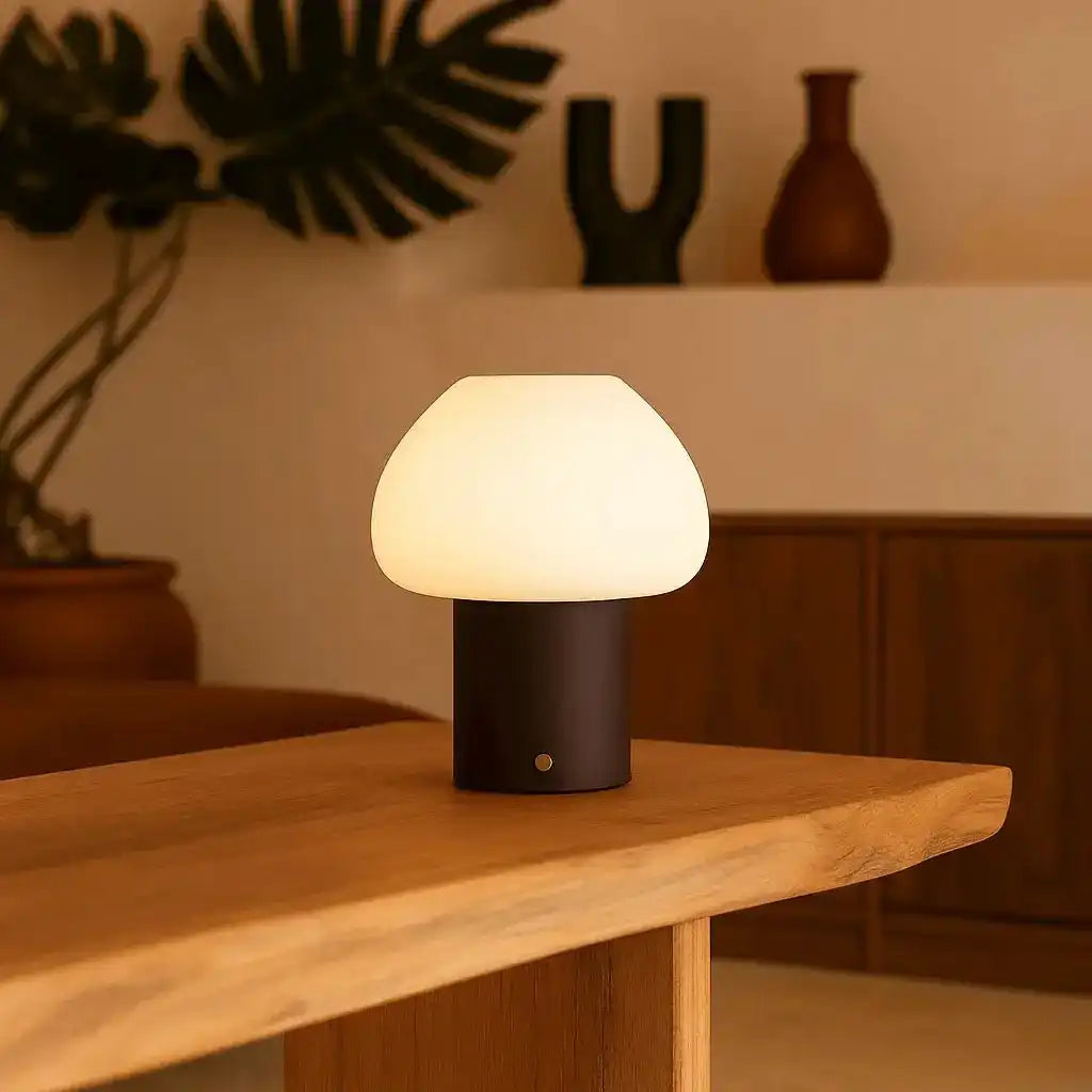Dunkelbraune Holzlampe Fynn – wiederaufladbares und dimmbares Licht