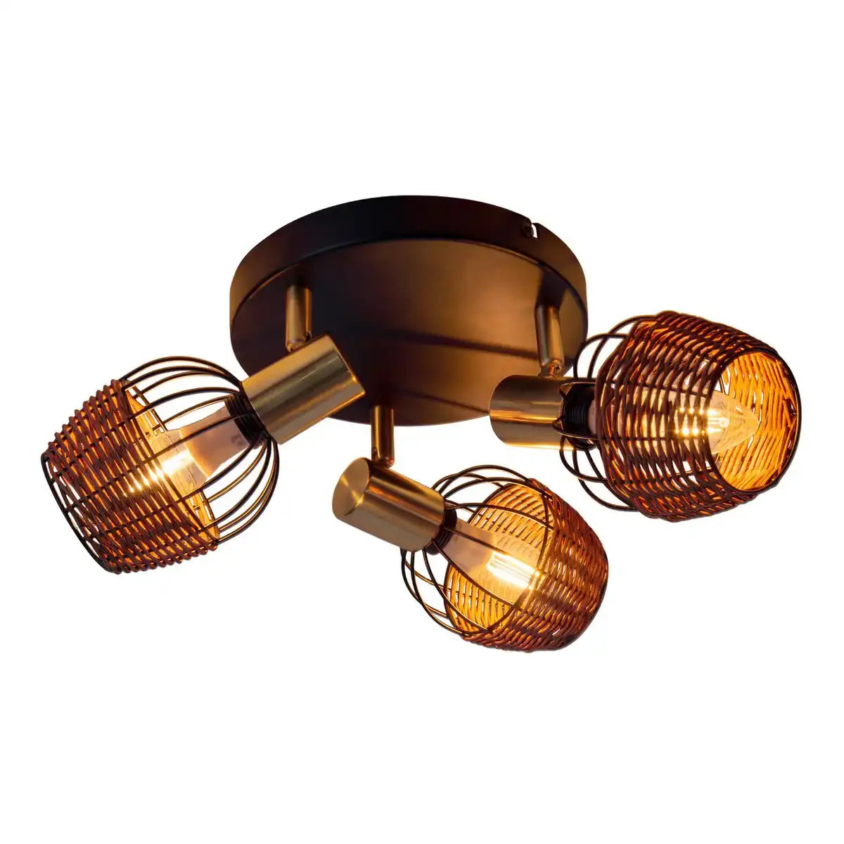 3er Deckenrondell "CORBIS", Spot aus Metall in Schwarz, mit Gold und Rattan, mit E14-Fassung, für Esszimmer, Wohnzimmer, Diele oder Büro, Beleuchtung für Wohnzimmer, Esszimmer oder Büro, 38 cm Durchmesser