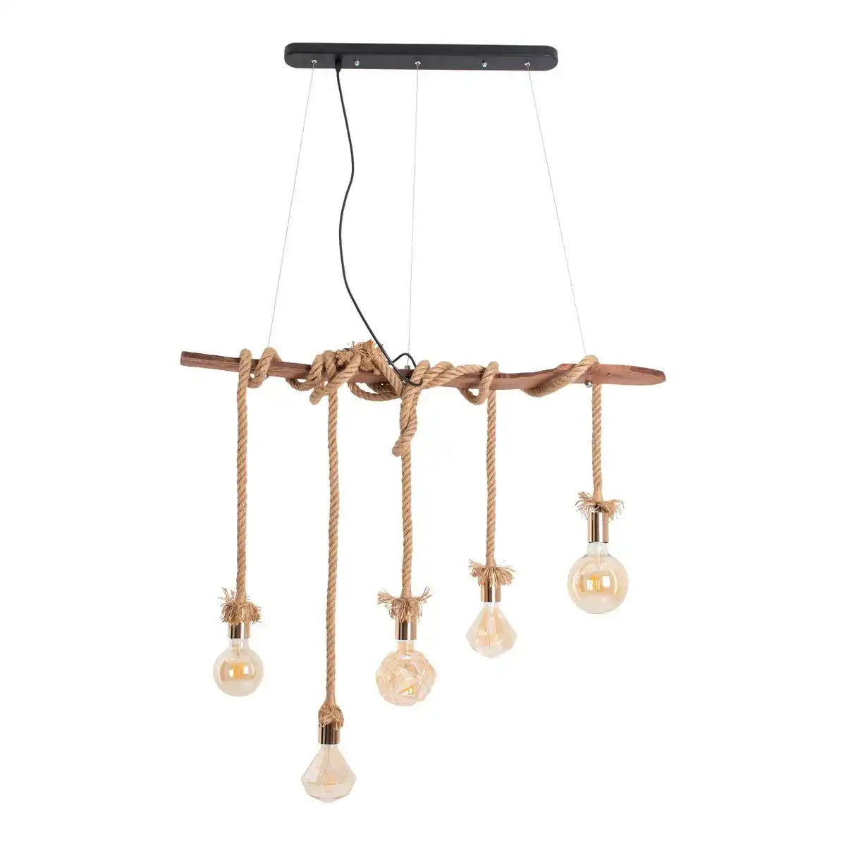 Pendelleuchte "ROPE" 5flg. Pendellampe aus Holz und Seil in natur, E27-Fassung, Beleuchtung für Wohnzimmer oder Büro