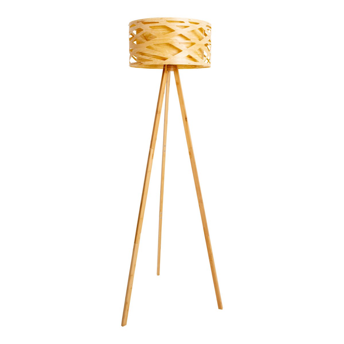 Stehleuchte "FINJA" aus naturfarbigem Kunststoff/Holzimitat, mit E27-Fassung Beleuchtung für Wohnzimmer, Esszimmer oder Büro, 148 cm hoch