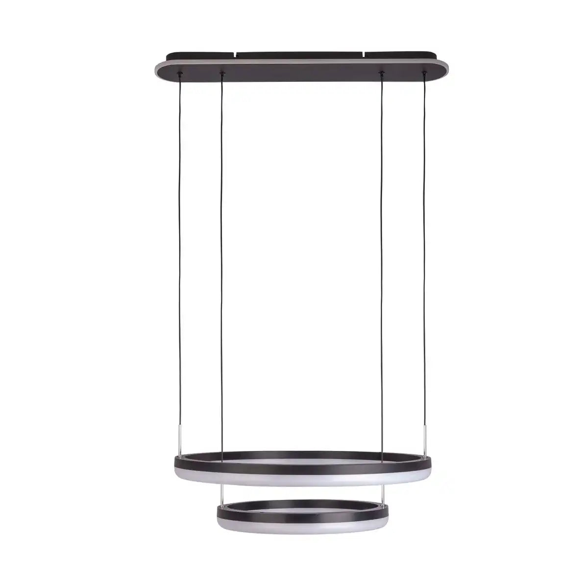 LED-CCT-Pendelleuchte "CIRCULO" aus schwarzem Metall und sandfarbenem Kunststoff, mit integrierter LED und vielen Funktionen, Ø 60 cm, 150 cm hoch.
