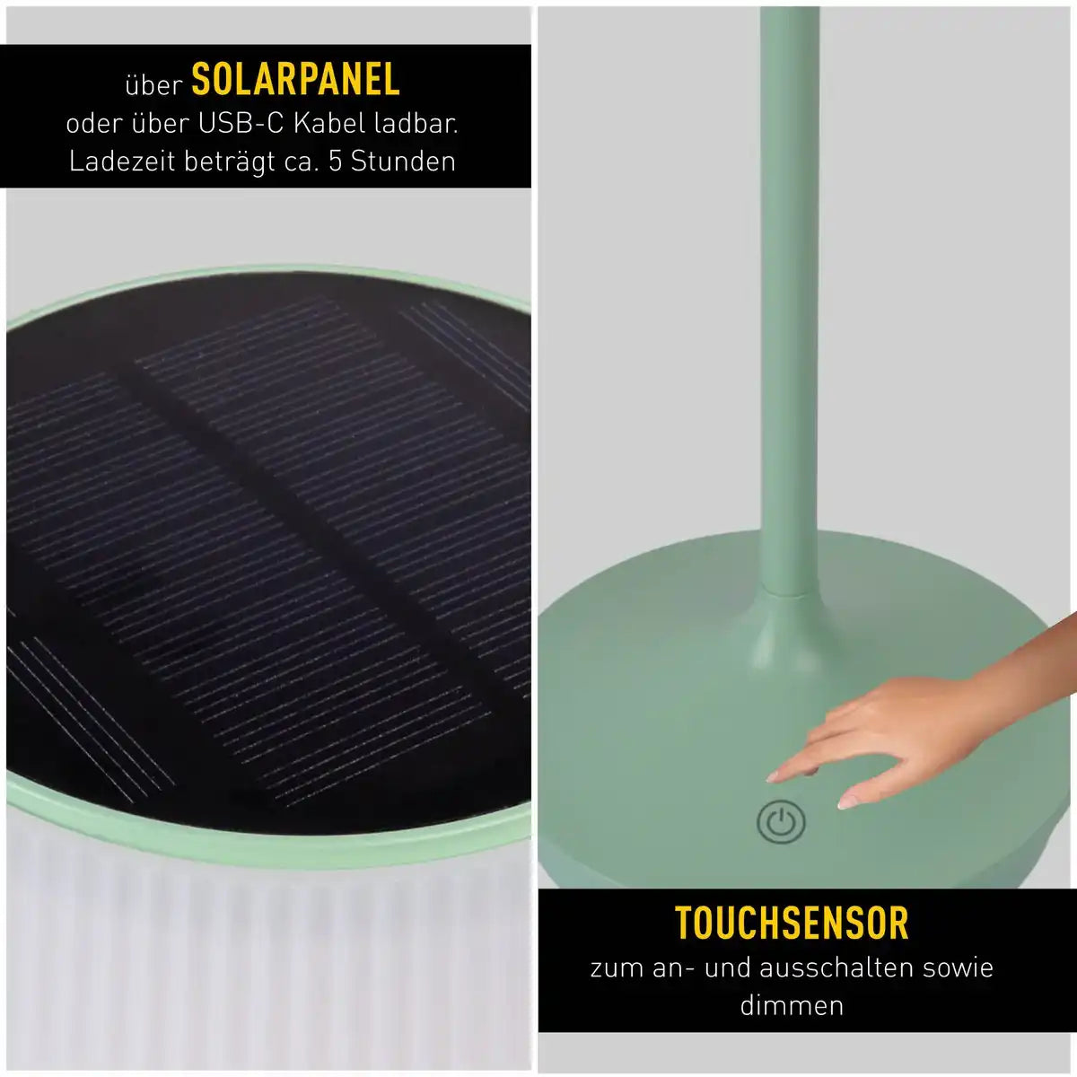 Solar-Akkutischleuchte "EMMI" 38 cm hoch, Schirm Ø 13 cm, Metall in Mint und weißer Kunststoff, für den Außenbereich, dimmbar CCT.