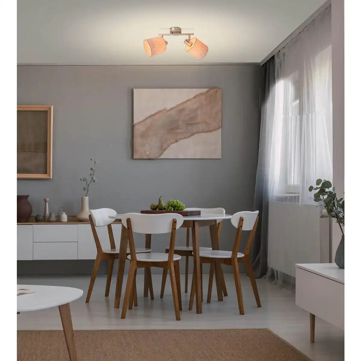 2er Wand- und Deckenleuchte "MARON" aus Metall satiniert-matt mit Stoffschirmen in Natur, mit E14-Fassung, Lampe für Wohnzimmer, Esszimmer, Flur und Büro, 46 x 12 cm