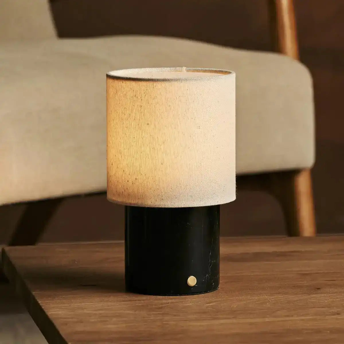 Dou Black / Nero Marquina - Marmor wiederaufladbare Tischlampe - Schnurloses, 3 Lichtmodus und mit Leinen austauschbarer Lampenschirm