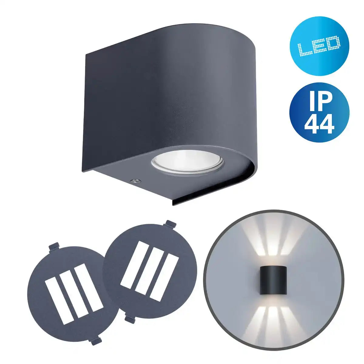 Die LED Außenwandleuchte "ALECTO" misst 10,5 x 11,7 cm und ist 10 cm hoch. Sie besteht aus einem hochwertigen Kunststoff mit einer leicht strukturierten Oberfläche, die wie lackiert wirkt. Zeitloses Schwarz macht die Leuchte universell einsetzbar.