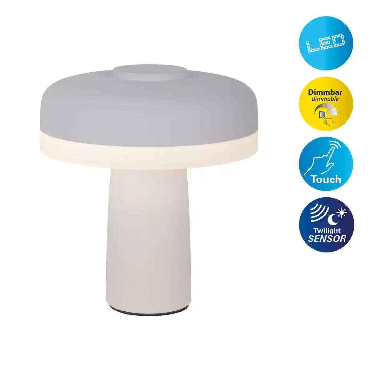 Akku-Tischleuchte "PILU", 16,5 cm hoch, oben Ø von 15 cm, Metall in Weiß, weißer Kunststoff, integrierten LEDs,280 Lumen, dimmbar per Berührungssensor, warmweiß
