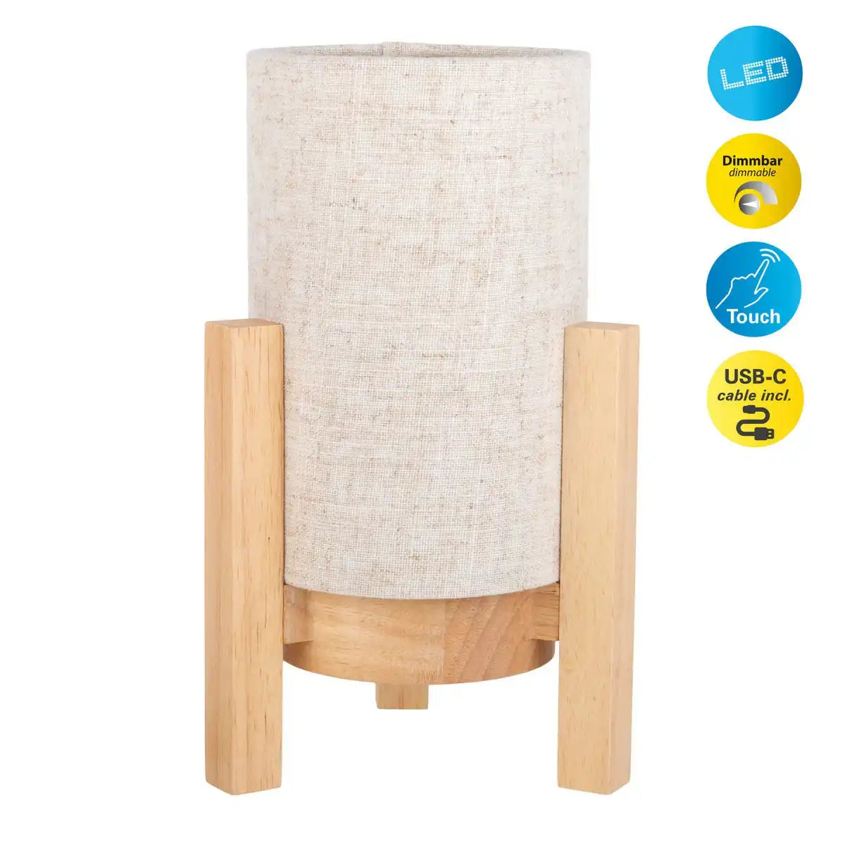 Akkutischleuchte "MADITA" 25 cm hoch, in Weiß/Natur, mit integrierter LED, dimmbar mit Berührungssensor
