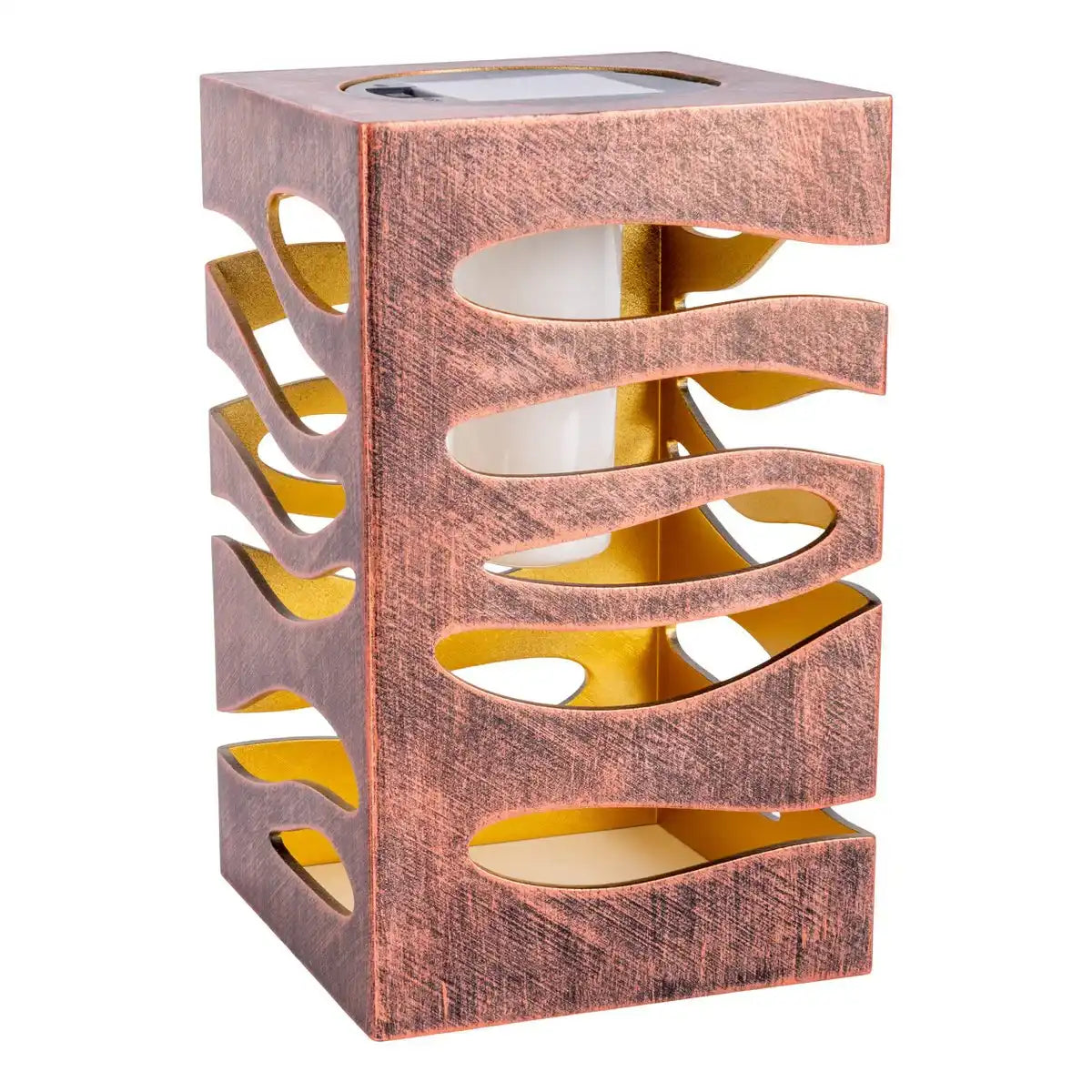 LED Deko-Solarleuchte "HILDA", 12,3 x 12,3 cm, 20 cm hoch, aus hochwertigem Kunststoff, innen Gold, außen gold-braunes Metall-Finish, integrierte LED, warmweiß