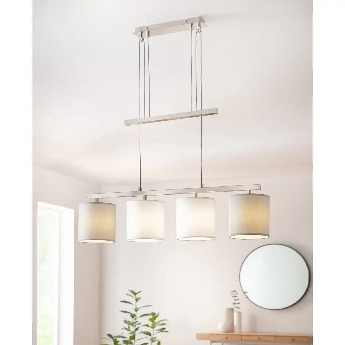 4er Pendelleuchte "TILDE", klassische Pendellampe aus Metall und Textil in Grau und Weiß, mit E27-Fassung, höhenverstellbar, 86 cm lang, ideal als Esszimmerleuchte