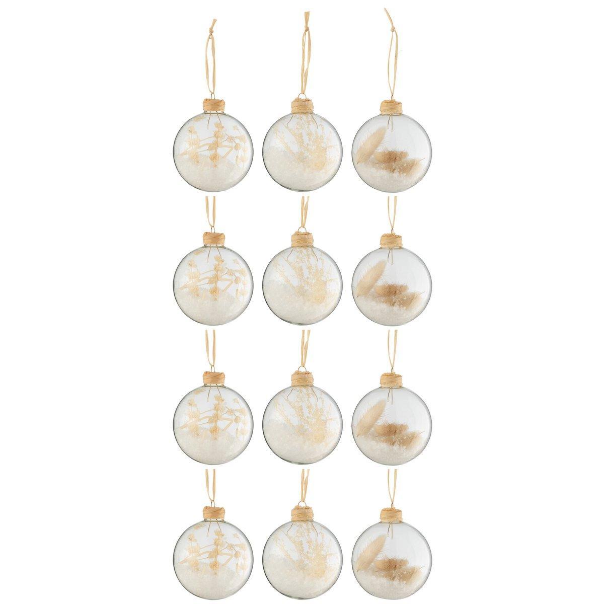J-Line Box mit 12 Weihnachtskugeln, 4+4+4 getrocknete Zweige, beige, Glas, transparent