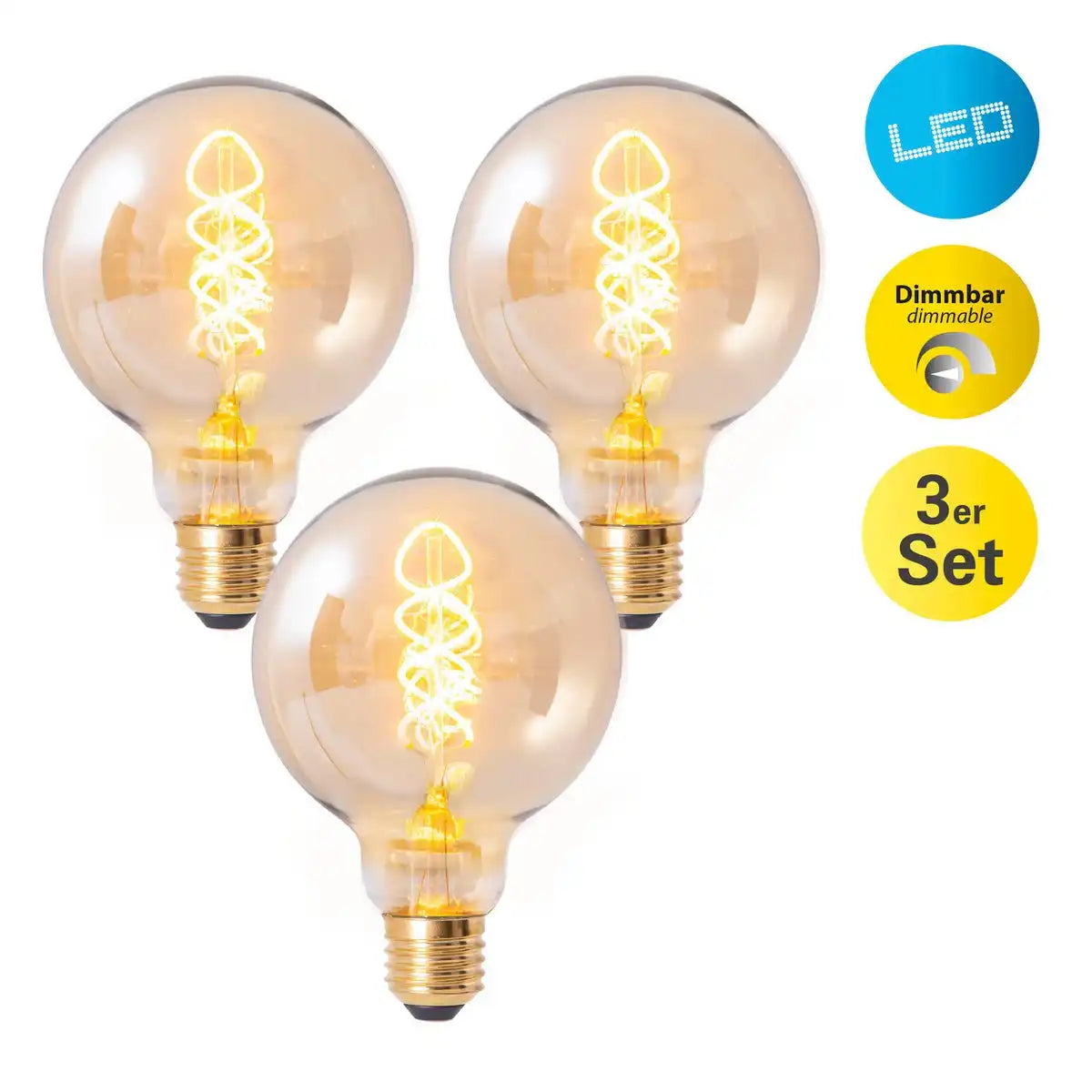 LED Leuchtmittel "DILLY" 3er-Set mit E27-Fassung, 4 Watt Ø 9,5cm, aus Metall und Glas, amber
