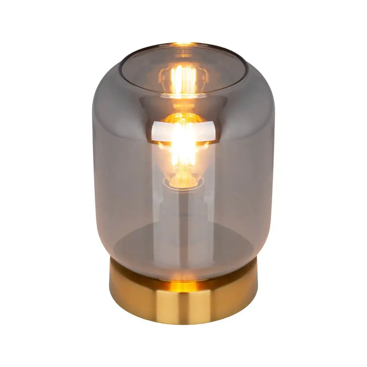 Glas-Tischleuchte "ALESSIO", 17 cm hoch, Ø 12 cm, goldfarbenes Metall, Rauchglas, E14