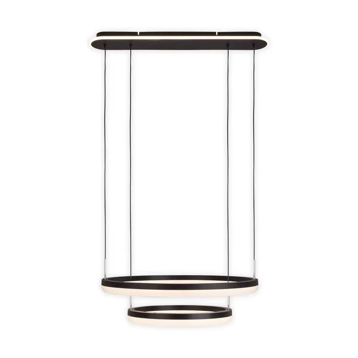 LED-CCT-Pendelleuchte "CIRCULO" aus schwarzem Metall und sandfarbenem Kunststoff, mit integrierter LED und vielen Funktionen, Ø 60 cm, 150 cm hoch.