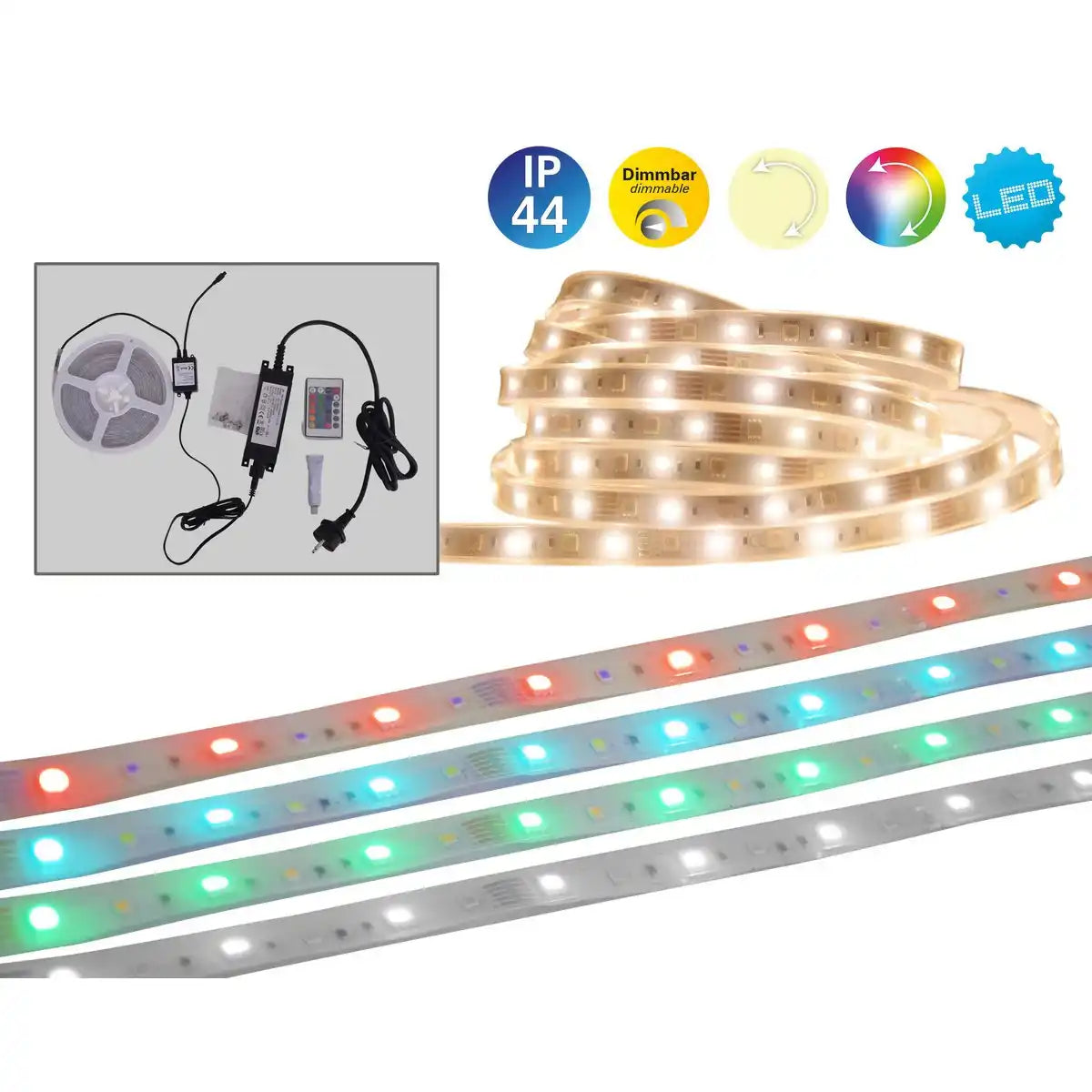 Der LED "Stripe" outdoor 500 cm, 24 Watt, warmweiß, mit Farbwechsler, dimmbar, inkl. Fernbedienung und Zubehör