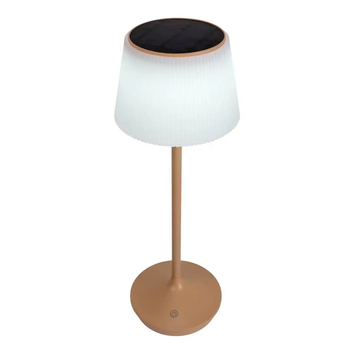 Solar-Akkutischleuchte "EMMI" 38 cm hoch, Schirm Ø 13 cm, Metall in Almond und weißer Kunststoff, für den Außenbereich, dimmbar CCT.