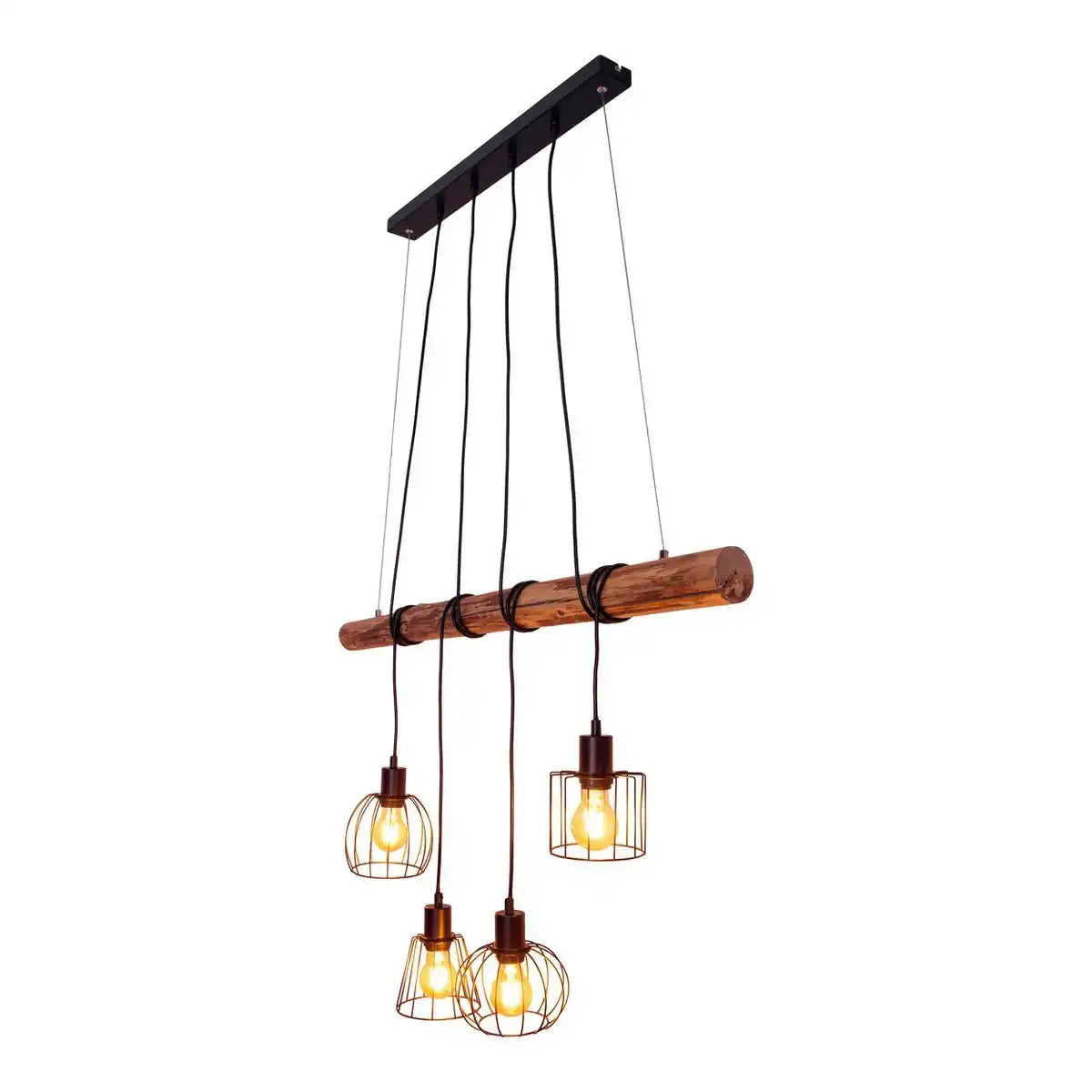 4er Pendelleuchte "WOODLAND", Hängelampe, Metall und Holz in Schwarz, und natur- E27-Fassung, für Esszimmer, Wohnzimmer, Diele oder Büro, 100 cm lang
