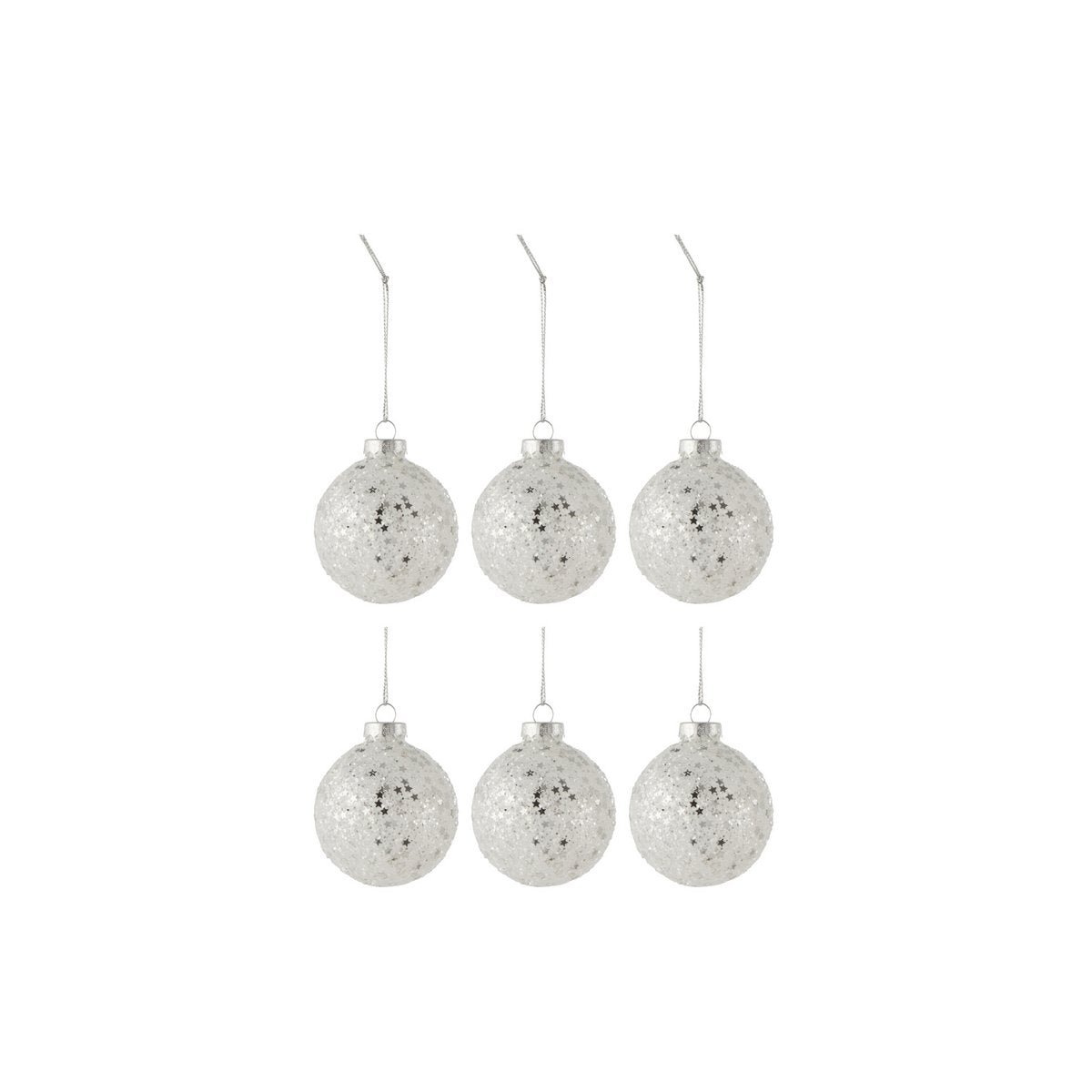 J-Line Box mit 6 Weihnachtskugeln Sterne Glas Silber Klein