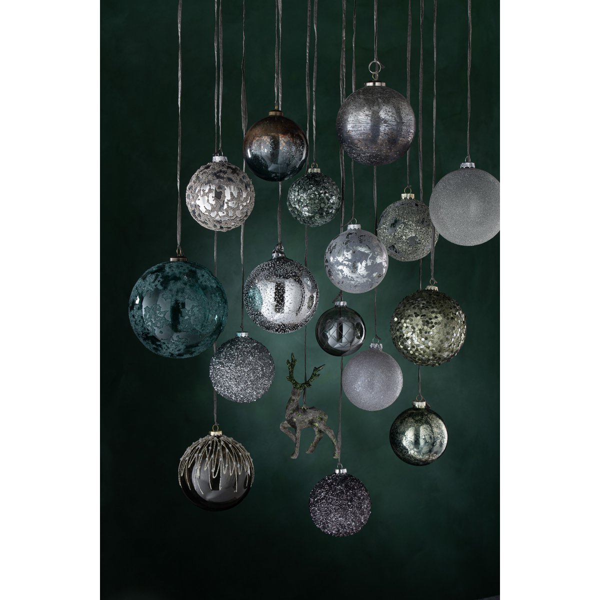 J-Line Weihnachtskugel Pailletten + Antik – Glas – Grau – 4er-Box
