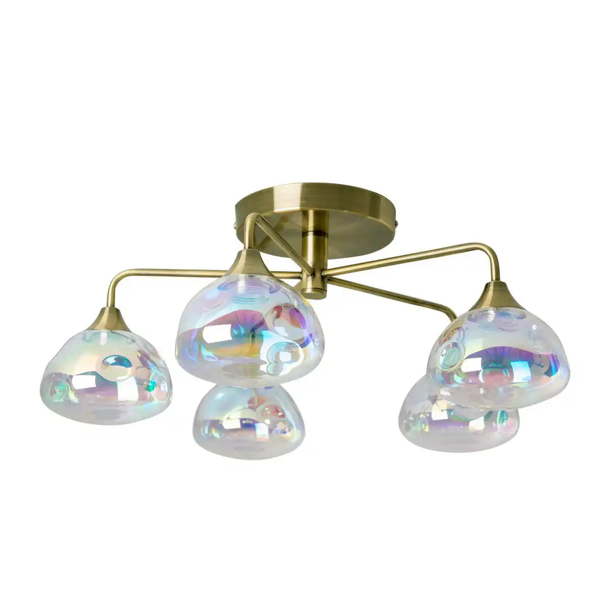 LED Deckenleuchte 5-flammig "VARNA", Deckenlampe aus messingfarbenem Metall und irisierendem Glas, mit fest verbauten LEDs, 50 cm Durchmesser, stilvolle Beleuchtung für Wohnzimmer, Esszimmer oder Diele