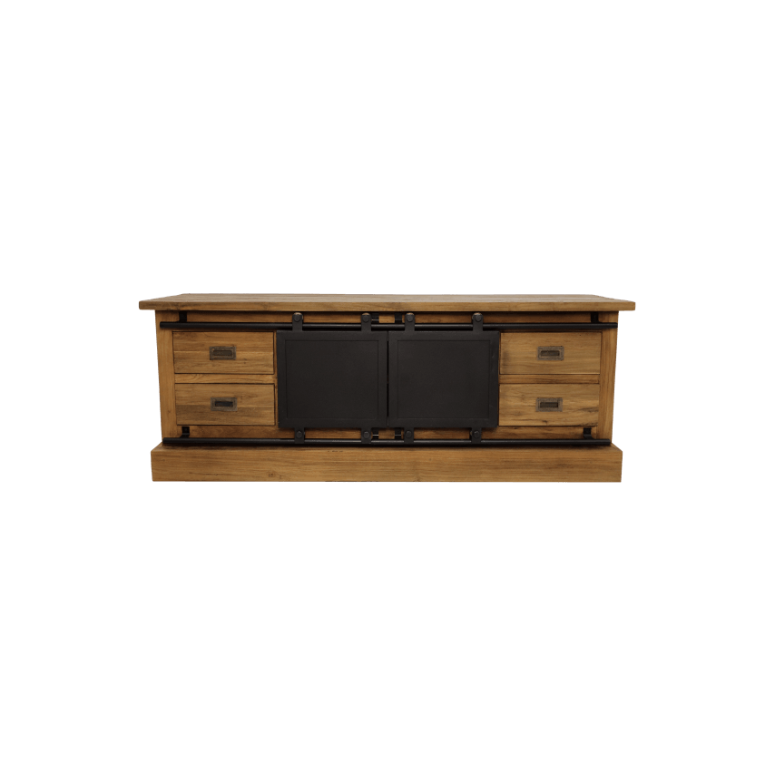 HSM Collection-TV-Möbel Blackburn, 2 Türen, 4 Schubladen, 150 x 40 x 56,5, Natur/Schwarz, Teak/Metall