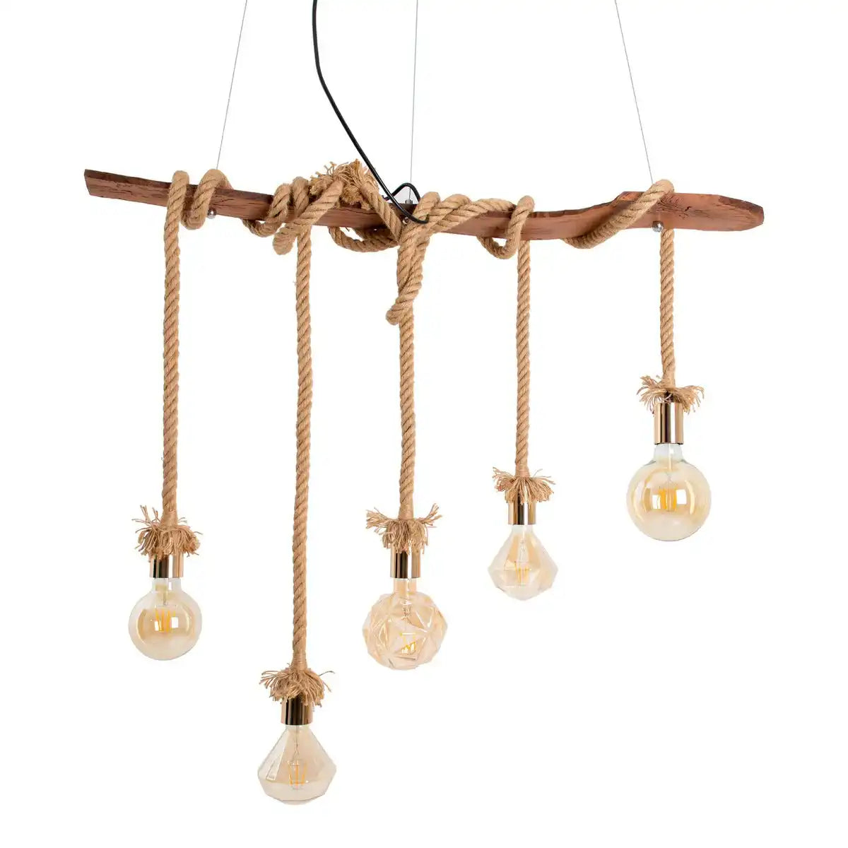 Pendelleuchte "ROPE" 5flg. Pendellampe aus Holz und Seil in natur, E27-Fassung, Beleuchtung für Wohnzimmer oder Büro