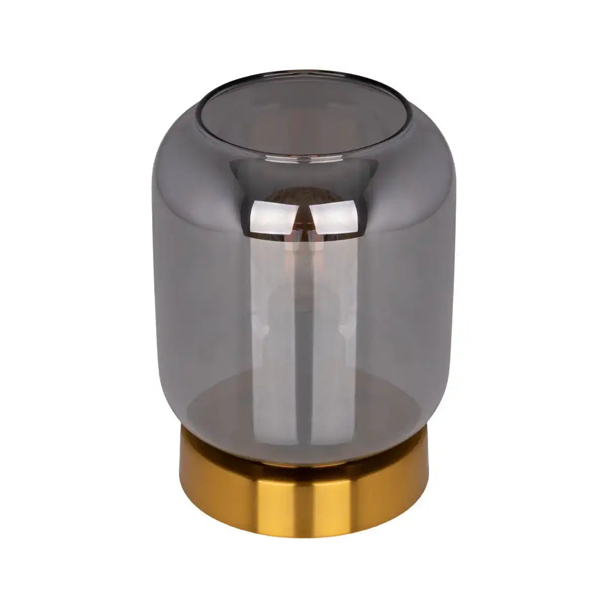 Glas-Tischleuchte "ALESSIO", 17 cm hoch, Ø 12 cm, goldfarbenes Metall, Rauchglas, E14