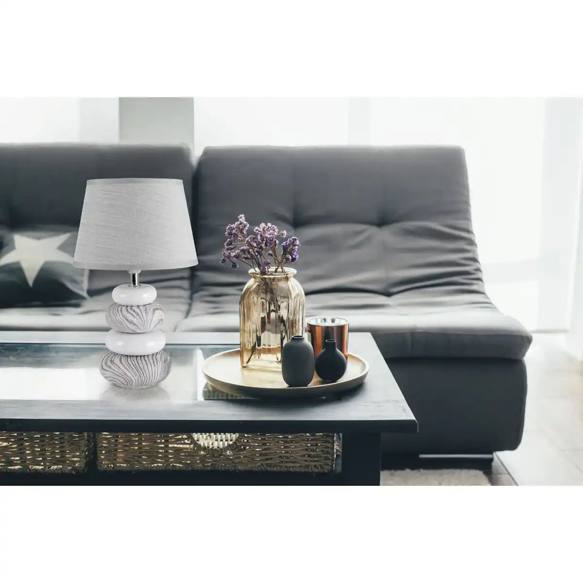 Keramik Tischleuchte "STONEY", modern., Tischlampe aus Keramik in Grau, mit E14-Fassung, Tischlampe für Esszimmer, Wohnzimmer, Diele oder Büro, oder als Nachttischlampe, 31 cm hoch