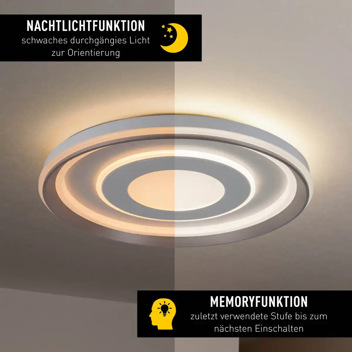 LED Deckenleuchte "DOIRA" Ø 50,5 cm, 7,5 cm hoch, Metall und Kunststoff in Silber und Weiß, integrierte LEDs, 3600 lm helles Licht, dimmbar, CCT-Funktion 3000-6500 K, Nachtlichtfunktion