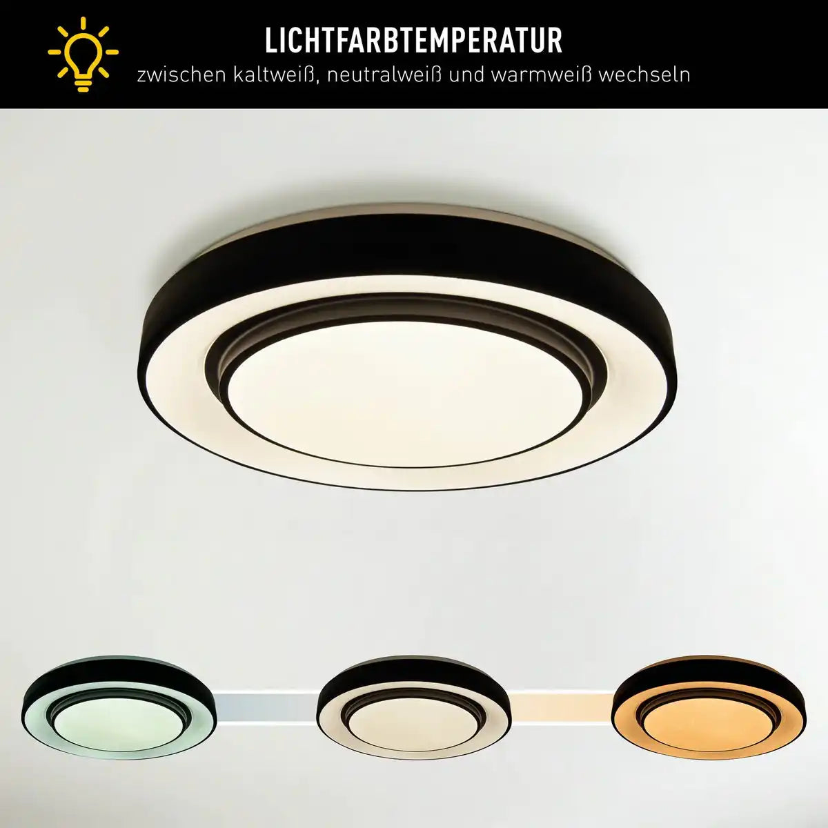 LED Deckenleuchte "MONTEREY" Ø 47,5cm, viele Funktionen, aus Metall und Kunststoff in Schwarz,, mit integrierten LEDs, Beleuchtung für Wohnräume, Flur oder Büro
