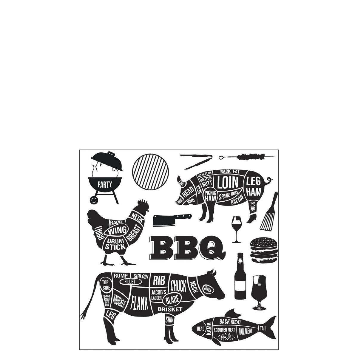 J-Line BBQ-Servietten – Papier – Weiß/Schwarz – S – 20 pro Packung – 9 x