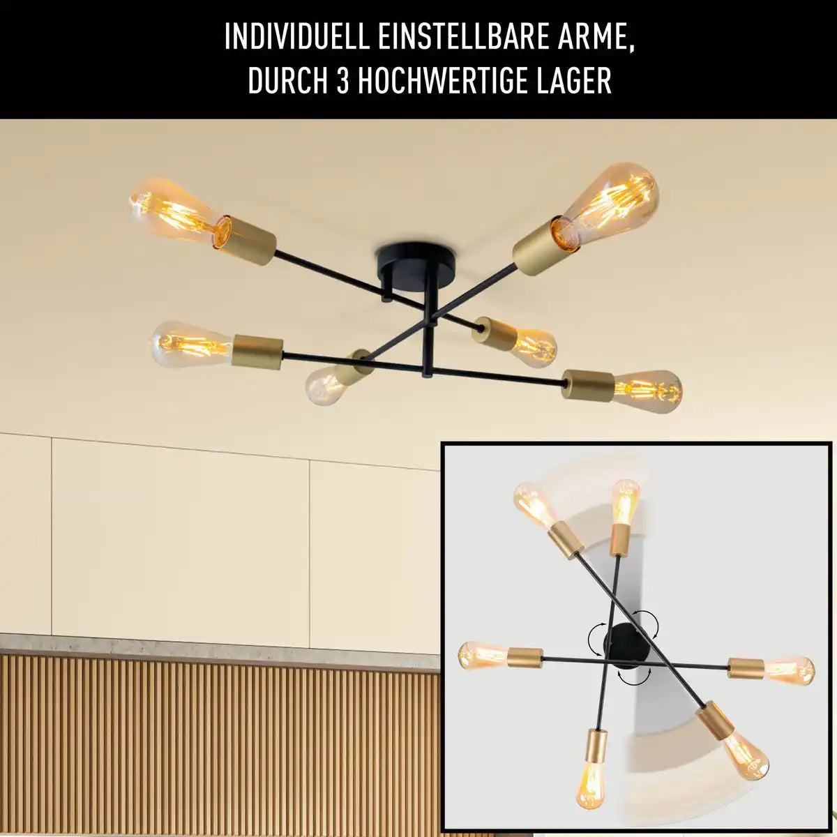 Deckenleuchte "MODO" 6-flammig aus Metall in Schwarz,, Fassungen Gold, E27-Fassung, Deckenlampe für Wohnzimmer, Esszimmer, Küche, Diele, Flur oder Büro mit einem Øvon 54,5 cm