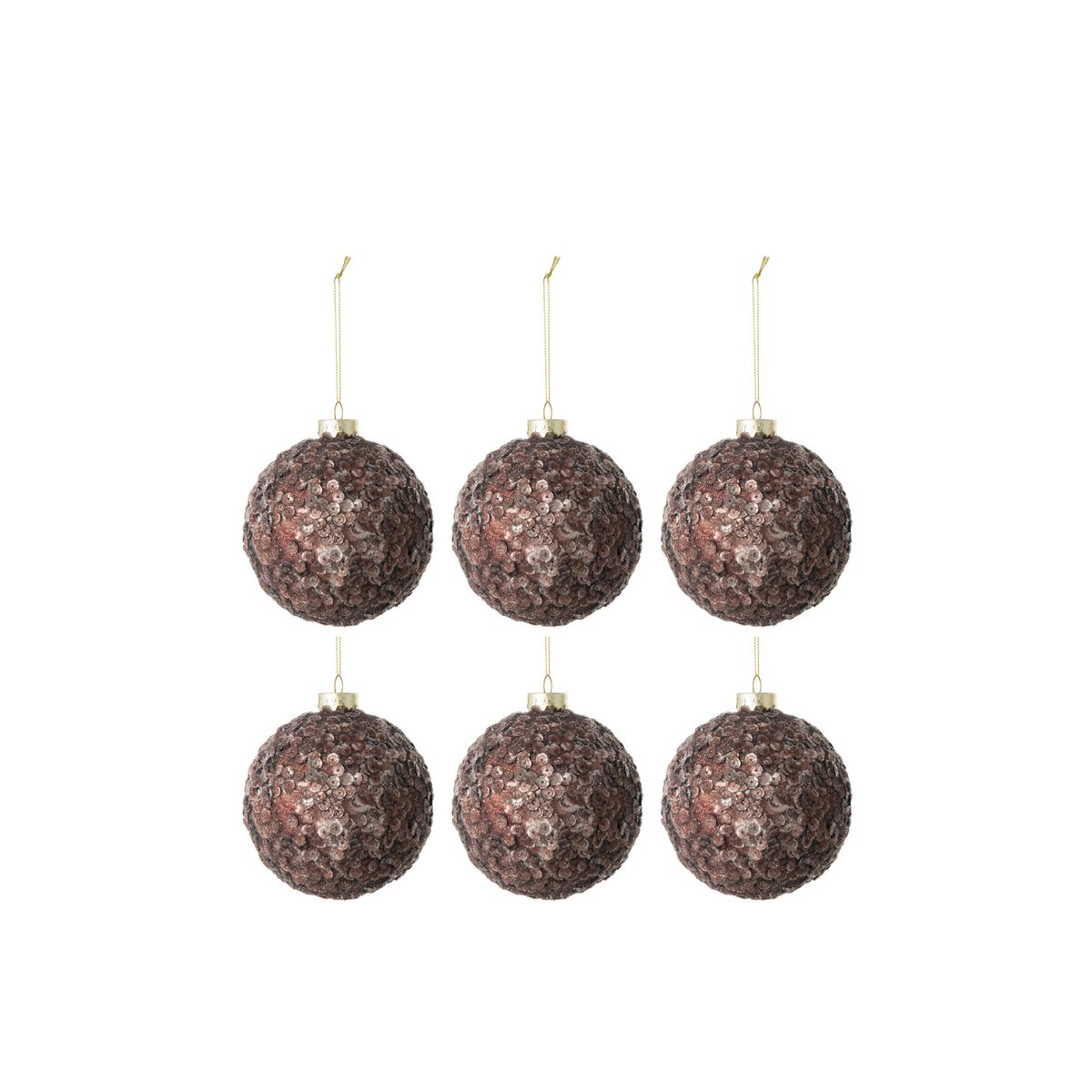 J-Line Box mit 6 Weihnachtskugeln, Pailletten, Zucker, mattes Glas, dunkelbraun, klein