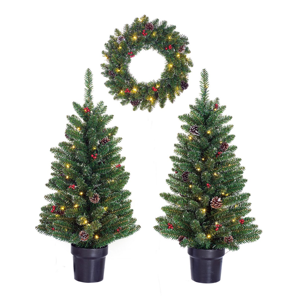 Set bestehend aus 2 Weihnachtsbäumen und 1 Kranz mit LED-Beleuchtung – Grün