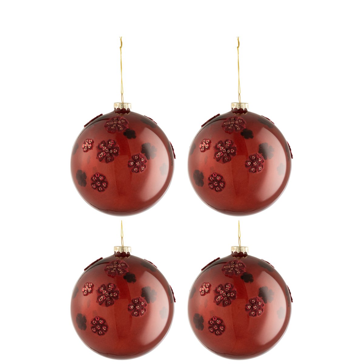 J-Line Weihnachtskugel Blumen – Glas – Burgunderrot – groß – 4er-Box