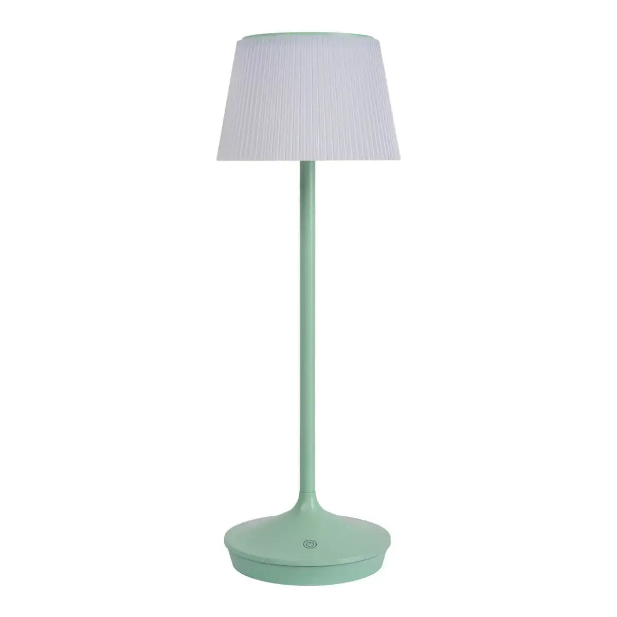 Solar-Akkutischleuchte "EMMI" 38 cm hoch, Schirm Ø 13 cm, Metall in Mint und weißer Kunststoff, für den Außenbereich, dimmbar CCT.
