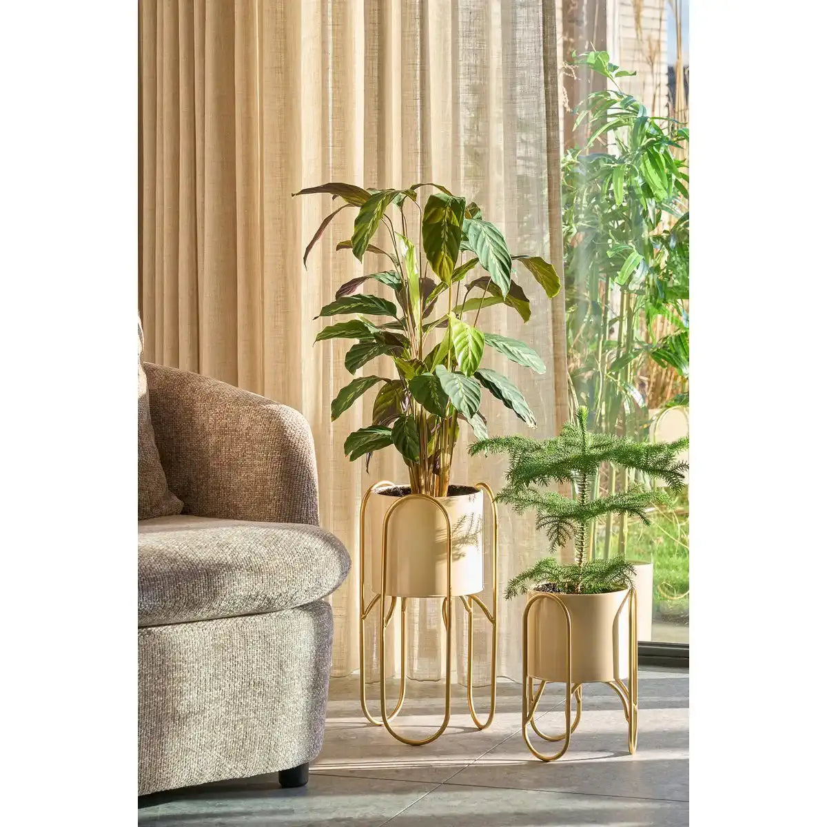 Donau -Blumenpot auf Standard - 2 - Metall - H45 x Ø23 cm - hellgelb, Gold - HomeDesign Knaus