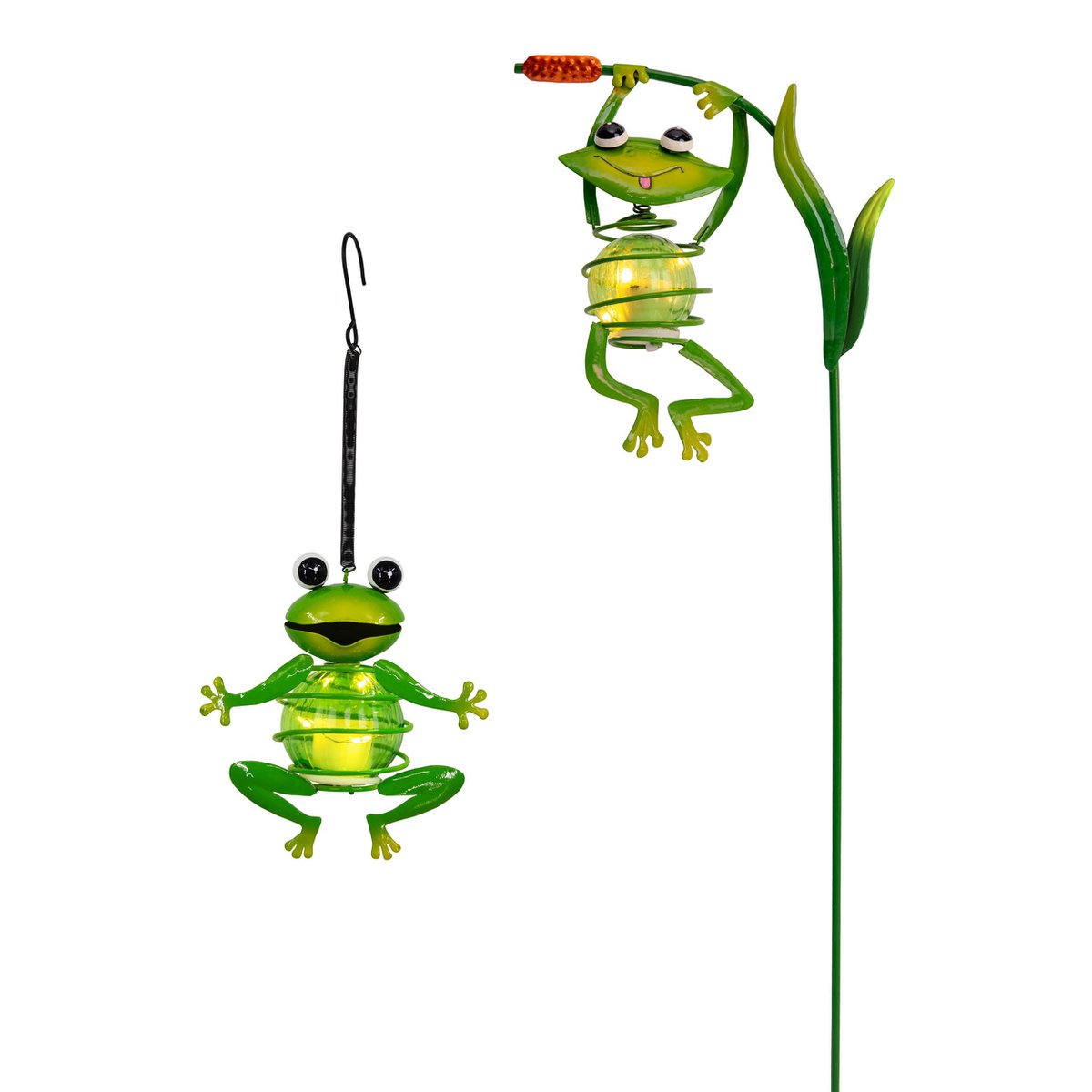 2er Set Solar-Deko-Hängeleuchte "FROSCH" ca. 20 und 66 cm hoch, aus bemaltem . Dämmerungssensor;