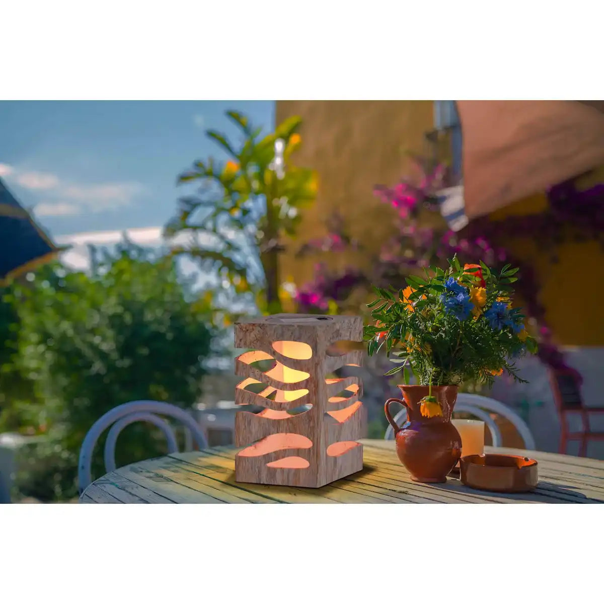 LED Deko-Solarleuchte "HILDA", 12,3 x 12,3 cm, 20 cm hoch, aus hochwertigem Kunststoff, außen braun-beiges Marmor-Finish, integrierte LED, warmweiß