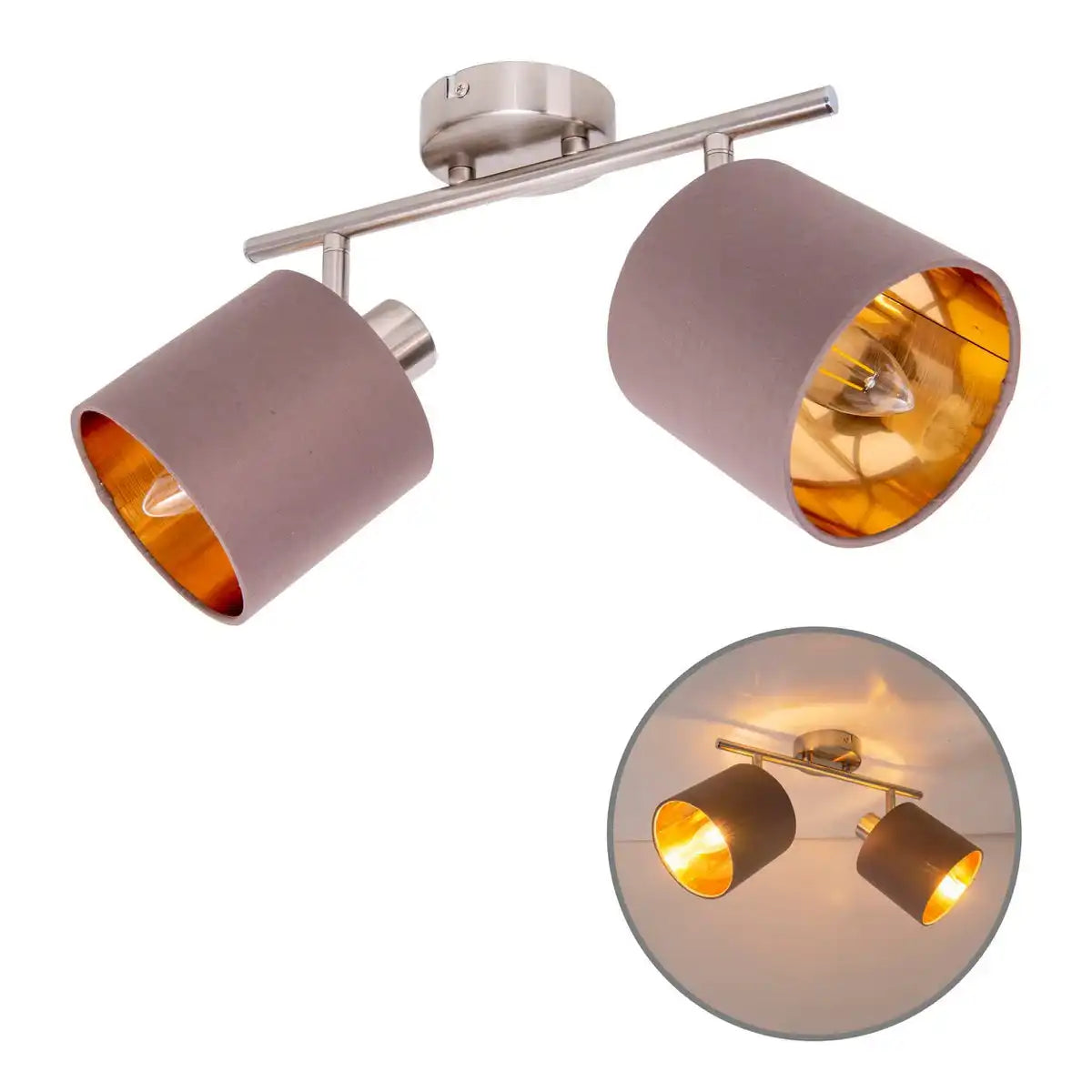 2er Wand- und Deckenleuchte "MARON" aus Metall satiniert-matt mit Stoffschirmen in Braun, mit E14-Fassung, Lampe für Wohnzimmer, Esszimmer, Flur und Büro, 46 x 12 cm