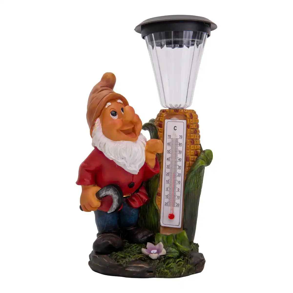 LED Deko Solarleuchte "Zwerg" mit Thermometer aus bemaltem Polyresin, ca 26 cm hoch und mit fest verbauten LEDs ausgestattet