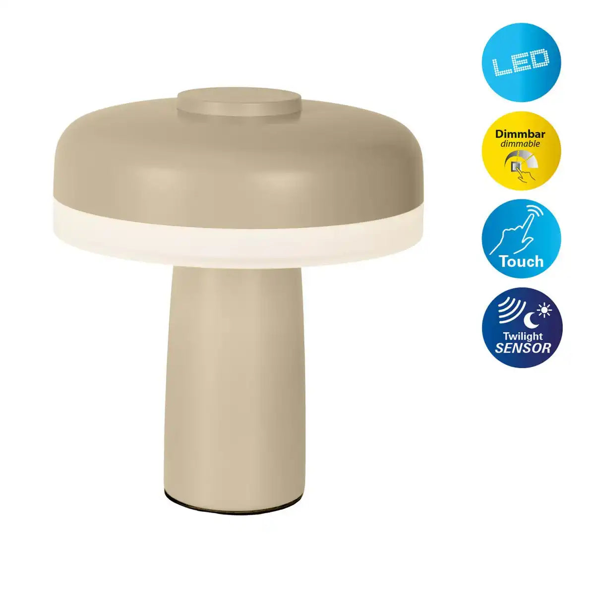 Akku-Tischleuchte "PILU", 16,5 cm hoch, oben Ø von 15 cm, Metall in der Farbe Frost Allmond, weißer Kunststoff, integrierten LEDs,280 Lumen, dimmbar per Berührungssensor, warmweiß