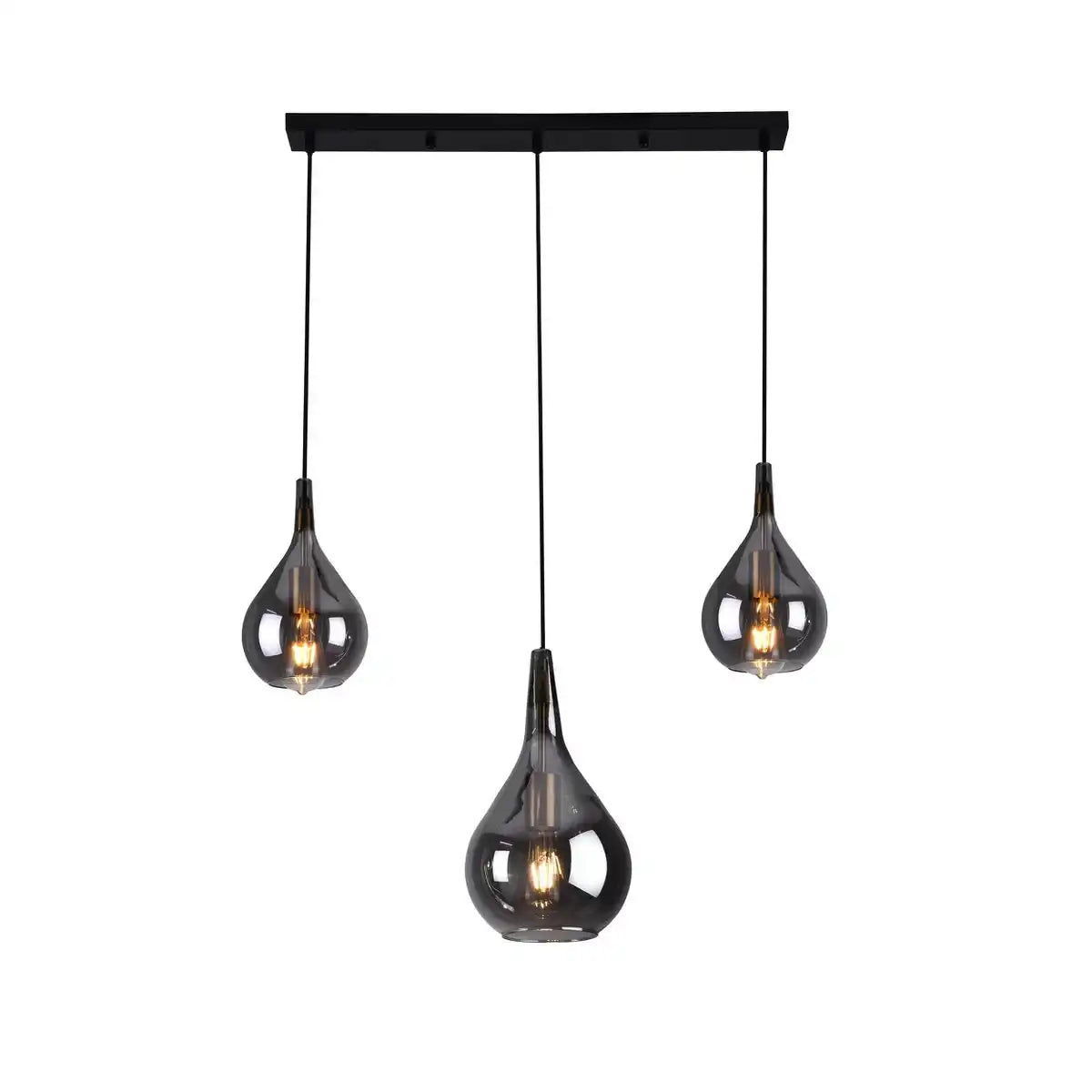 3-er Pendelleuchte "Gota", Retro Klassiker Pendellampe aus schwarzem Rauchglas mit E27-Fassungen, 88 cm lang, 150 hoch, ideal für Esszimmer, Wohnzimmer und Küche.