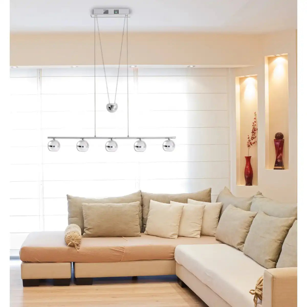 LED Gegenzug-Pendelleuchte "SPHERE" aus Metall und Glas in Chrom, mit integrierter LED
