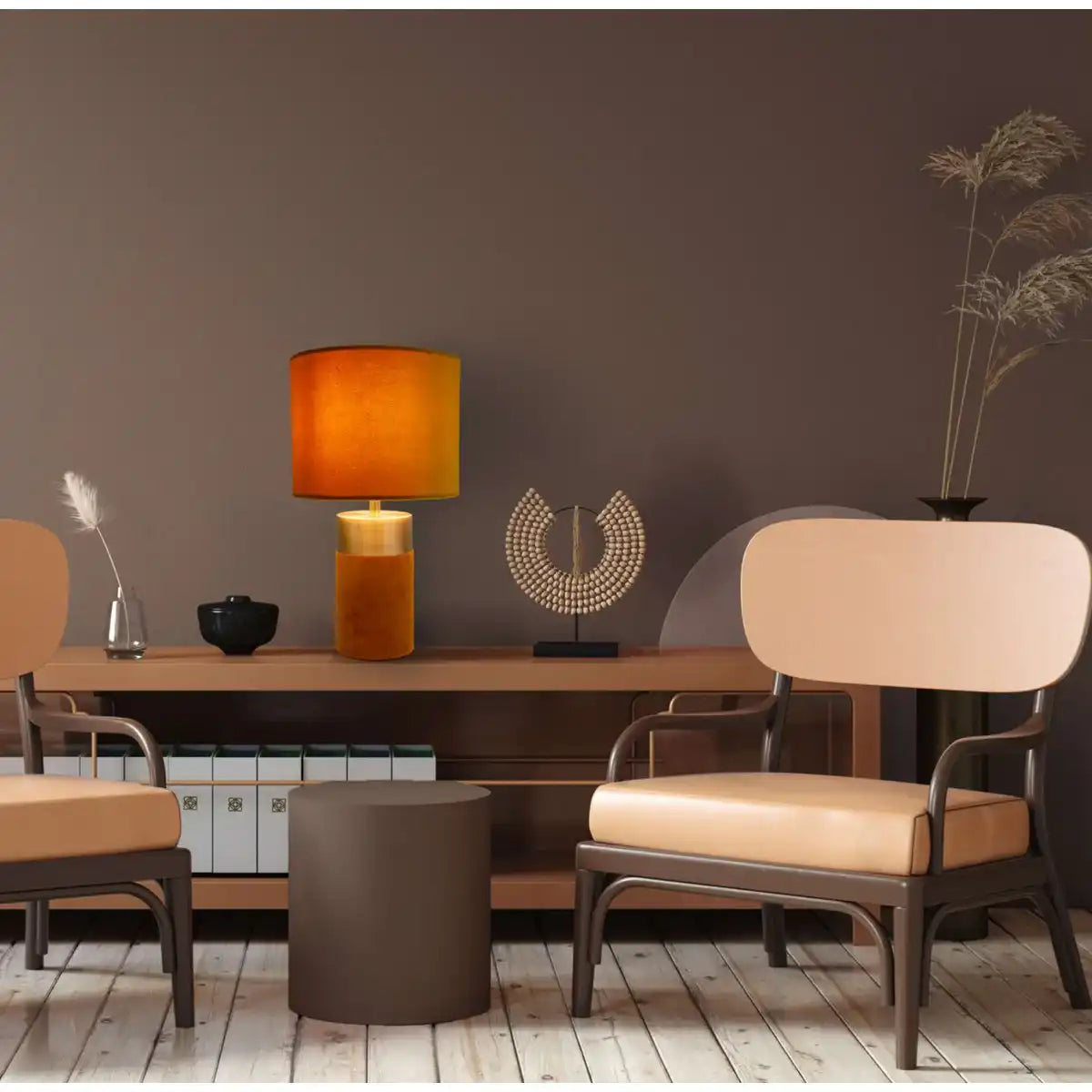 Tischleuchte "BORDO" 32cm hoch aus Metall und Velours in Gold und Braun, mit E14-Fassung, Lampe für Esszimmer, Wohnzimmer, Diele oder Büro