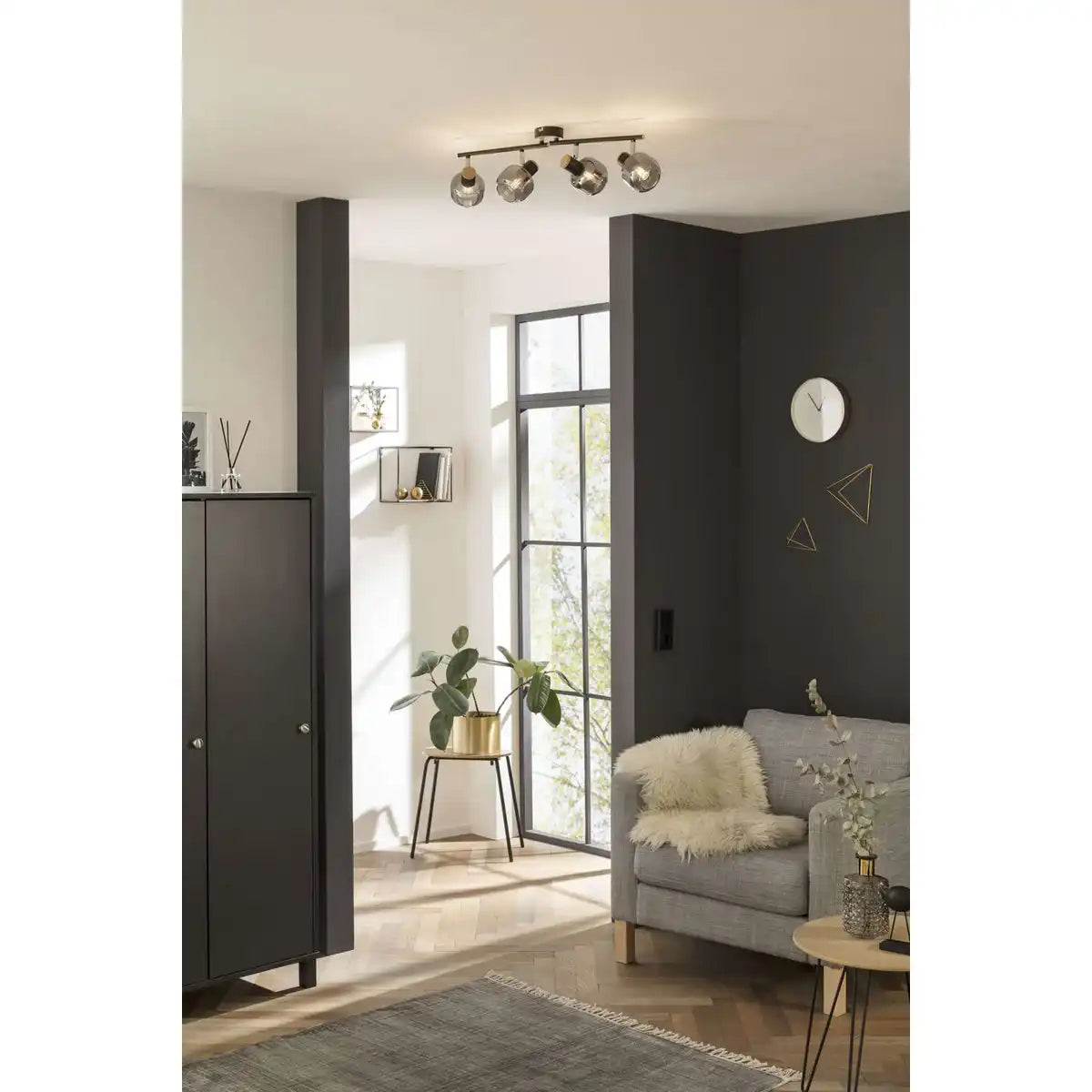 4er Spot Deckenleuchte "FUMOSO", Deckenlampe aus Metall und Rauchglas in Schwarz, mit E14-Fassung, für Esszimmer, Wohnzimmer, Diele oder Büro, 80 x 20 cm